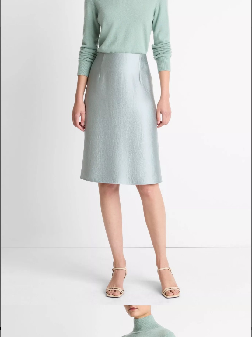 Vince Pebbled Satin Seafoam A-Line Midi Skirt